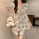 Modal Sweet Style Flower Hosender Pyjamas für Frauen im Sommer mit Brustpadel integriert Crepe Cotton 2025 Neue Mädchen Hauskleidung ME-4131-1-Breast Pad kleine fliegende Hülle Abdeckblaue Blume M 80-100jin [Jin gleich 0,5 kg]