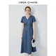 
VEGA CHANG denim dress for women 2025 new summer small V-neck lace lace slim vacation style waist-hugging skirt Bay blue (short style) L
