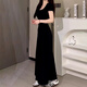 Muni Square Collar Taille Hugging Kleid Französisches Temperament Schwarzes Sommer Ladies Outfit Slim A-Line Long Rock Pendelpendel und ungezwungenes Kleid mit kurzer Ärmeln [Schwarz] Empfohlen 90-120 Jin [Jin ist 0,5 kg]