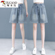 Woodpecker American Forts de mezclilla de cinco puntos para mujeres 2025 Summer Nuevo Pantalones de longitud de longitud anchas delgadas y versátiles de cinturón de cintura.