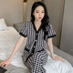 夏天睡衣女短袖长裤薄款开衫空调服宽松大码家居服女士套装可外穿 QDM【Y867-2#】黑色千鸟格 2XL