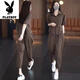 花花公子（PLAYBOY）时尚休闲套装女2025夏季新款遮肉显瘦减龄洋气细闪衬衫裤子两件套 【咖色套装】-旗舰款 M _建议80-100斤