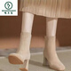 Woodpecker Korean square-toe short boots apricot autumn and winter thick heel plus velvet nude slim small ankle boots suede Martin boots for women 7cm apricot single lining 7cm 37