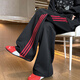 Du Xiaoxian American heavyweight three-stripe casual pants men's autumn new floor-length wide-leg pants loose straight sports pants black XL recommended 120-140Jin Jin equals 0.5 kg