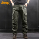 JEEP overalls men's loose autumn and winter straight casual pants multi-pocket versatile men's pants grass green 32