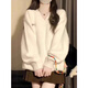 Oubaixi sweater for women in autumn and winter plus velvet v-neck mid-length white soft waxy loose bottoming shirt lazy style sweater top trendy off-white one size fits all recommended 80-120 Jin Jin equals 0.5 kg