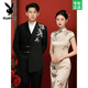 Playboy Suit Shop Loose Embroidery Wedding New Chinese Suit Suit Engagement Groom Wedding Banquet Zhongshan Men's Clothing Black Suit + Pants + Black Gold Button Shirt S