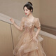 ROMON evening dress for women autumn 2025 new high-end banquet waist slimming light luxury niche French square neck dress champagne long style M recommended 95-105 Jin Jin equals 0.5 kg