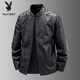Playboy (PLAYBOY) high-end Haining leather jacket men's stand-up collar plus velvet thickening slim casual trendy handsome leather jacket motorcycle jacket black without velvet BJ6618 2XL