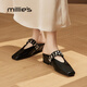 妙丽（Millies）高级感平底内增高包头半拖鞋女外穿真皮气质百搭凉拖女 黑色 38