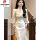 Pierre Cardin New Chinese Style White Cheongsam Dress Women's 2025 Autumn and Winter New Thickened National Style Waist Skirt White Dress (Regular) Version M Recommended 95-105 Jin Jin equals 0.5 kg