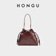 Honggu Bags Women's Bag 2025 New Women's Versatile Bucket Bag First Layer Cowhide Shoulder Underarm Bag Crossbody Handbag Burgundy