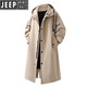 JEEP SPIRIT windbreaker men's spring and autumn mid-length over-the-knee loose hooded velvet coat large size trendy brand winter thickened coat khaki cotton 2XL