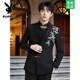 Playboy Suit Shop Loose Embroidery Wedding New Chinese Suit Suit Engagement Groom Wedding Banquet Zhongshan Men's Clothing Black Suit + Pants + Black Gold Button Shirt S