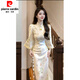 Pierre Cardin New Chinese Style White Cheongsam Dress Women's 2025 Autumn and Winter New Thickened National Style Waist Skirt White Dress (Regular) Version M Recommended 95-105 Jin Jin equals 0.5 kg