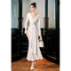 GJFD Guyue French twist satin high-end dress long-sleeved birthday white temperament slim fishtail dress light champagne L