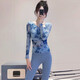 Double show great-looking yoga clothes for women in autumn and winter 2025 new national style mesh with chest pad Pilates fitness long-sleeved suit ink green top + matcha green pants M 100-110