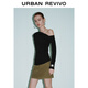UR autumn new women's casual slanted shoulder collar pleated slim long-sleeved T-shirt UWM450130+ black M