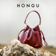 Honggu Bags Women's Bag 2025 New Women's Versatile Bucket Bag First Layer Cowhide Shoulder Underarm Bag Crossbody Handbag Burgundy