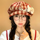 QUEEN TRIP Cute Kitten Bow Plaid Beret Women's Face Revealing Small Flap Octagon Hat Big Head Newsboy Painter Hat Red-Kitten Bow Plaid Beret