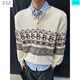 Wu Quanwan taichiism Christmas Penguin Fair Isle Sweater American Henley Collar Sweater Men's Lazy Knitted Pullover Off-White Off-White L