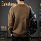 ZEKALANG 2025 Henry collar sweater for men in autumn, loose large size, long-sleeved American retro trendy casual sweater, Khaki S _Suitable weight 95-105Jin Jin is equal to 0.5 kg