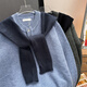 XUEDEYA sweater with shawl for men in autumn fake two-piece shawl sweater for men with trendy lazy style loose henley collar sweater style blue M
