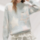 UNIFREE thickened mohair pullover sweater female star jacquard contrast soft waxy lazy loose top blue one size