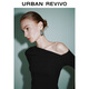 UR autumn new women's casual slanted shoulder collar pleated slim long-sleeved T-shirt UWM450130+ black M