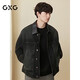 GXG Men's Barn Style Collar Spliced PU Denim Jacket Men's Loose Retro Black Brown 185/XXL