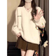 Oubaixi sweater for women in autumn and winter plus velvet v-neck mid-length white soft waxy loose bottoming shirt lazy style sweater top trendy off-white one size fits all recommended 80-120 Jin Jin equals 0.5 kg