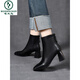 Woodpecker 2026 New Spring and Autumn Square Toe Short Boots Women's Genuine Leather High Heel Ankle Boots Autumn and Winter Thick Heel Medium Heel Leather Shoes Plus Velvet Women's Shoes Black Single Liner Heel Height 6cm 41