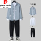 Pierre cardin men's casual long-sleeved shirt men's suit spring and autumn trendy men's clothing full set with mature trendy clothes 679 blue shirt + long white T+71 blue jeans XL