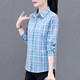 Pure cotton plaid shirt women's spring and autumn new middle-aged mother style long-sleeved temperament lapel slim top light blue 3XL 136-145