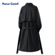 NASA GOOD mid-length windbreaker for men in autumn and winter, cold and warm, loose casual double-breasted belt jacket, black XL