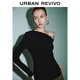 UR autumn new women's casual slanted shoulder collar pleated slim long-sleeved T-shirt UWM450130+ black M