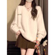 Oubaixi sweater for women in autumn and winter plus velvet v-neck mid-length white soft waxy loose bottoming shirt lazy style sweater top trendy off-white one size fits all recommended 80-120 Jin Jin equals 0.5 kg