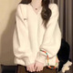Oubaixi sweater for women in autumn and winter plus velvet v-neck mid-length white soft waxy loose bottoming shirt lazy style sweater top trendy off-white one size fits all recommended 80-120 Jin Jin equals 0.5 kg