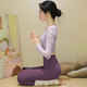 Double show 2025 super hot yoga wear high-end fake two-piece beautiful Pilates suit for women autumn and winter long-sleeved sports fitness tops gray rose top + Yanwei purple pants XL 120-135