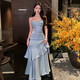 Vnxifm mermaid ruffled high-end suspender dress adult ceremony banquet dress long skirt looks slim and elegant moonlight gray L