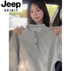 JEEP SPIRIT light gray Henry collar heavy long-sleeved t-shirt for men and women early autumn structured splicing polo shirt high-end couple sweatshirt light gray M recommended 100-115Jin Jin equals 0.5 kg