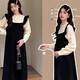Maternity dress spring and autumn French Hepburn style large size loose fake two-piece knitted skirt autumn and winter high-end black fake two-piece set L