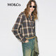 MO&Co. Shirt 2025 Winter New Product Double-sided Brushed Thick Cotton Gradient Plaid Matte Old Feel Unisex MBE4SHT003 Gray Brown Plaid S /160