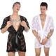 JO LOVESJOM Summer Lace Floral Bathrobe Men's Sexy Transparent Mid-Length Pajamas Lace-Up Bath Skirt Home Clothes Nightgown Black 1 Piece + White 1 Piece_Free 2 Thong Pants M 165-170