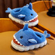 MDUG children's cotton slippers, winter shark slippers with velvet baby fur shoes, boys and girls indoor home non-slip shoes, blue shark cotton slippers, warm heel 26-27