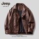 JEEP SPIRIT Jeep high-definition saddle vegetable tanned oil leather motorcycle lapel leather jacket for men 2025 autumn loose leather jacket for men, coffee color, handsome loose version