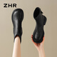 ZHR flat short boots for women 2025 winter new plus velvet British Martin boots for women slimming snow boots for women JF307A black 37