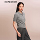Hongxiu (hopeshow) 2025 new autumn women's clothing Contrast letter jacquard single-breasted short-sleeved shirt collar knitted cardigan Cloud Gray 075 S