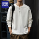 Luo Meng Spring and Autumn New 2025 Cotton Henley Collar Men's Sweater Loose Long Sleeve T-Shirt American Top White Bottoming Shirt White XL