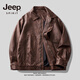 JEEP SPIRIT Jeep high-definition saddle vegetable tanned oil leather motorcycle lapel leather jacket for men 2025 autumn loose leather jacket for men, coffee color, handsome loose version